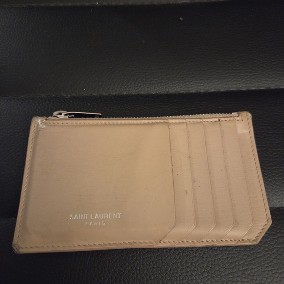 Saint Laurent Fragments Zipped Card Case in Beige Calfskin Leather